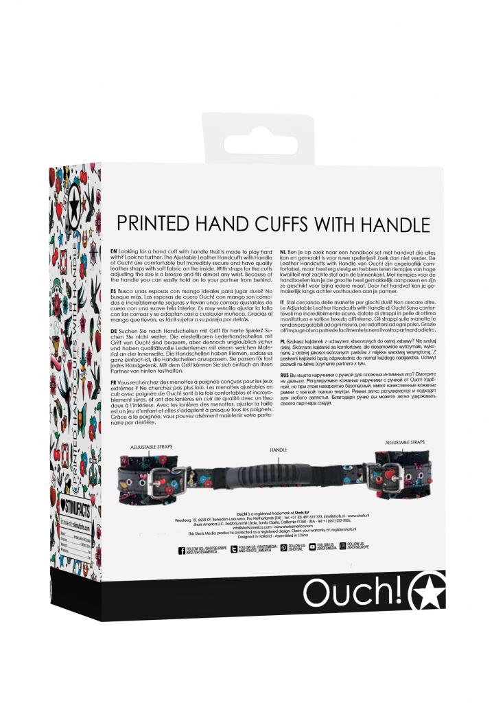 Shots - Ouch! Printed Hand Cuffs With Handle Old School Tattoo Style putá na ruky s rukoväťou