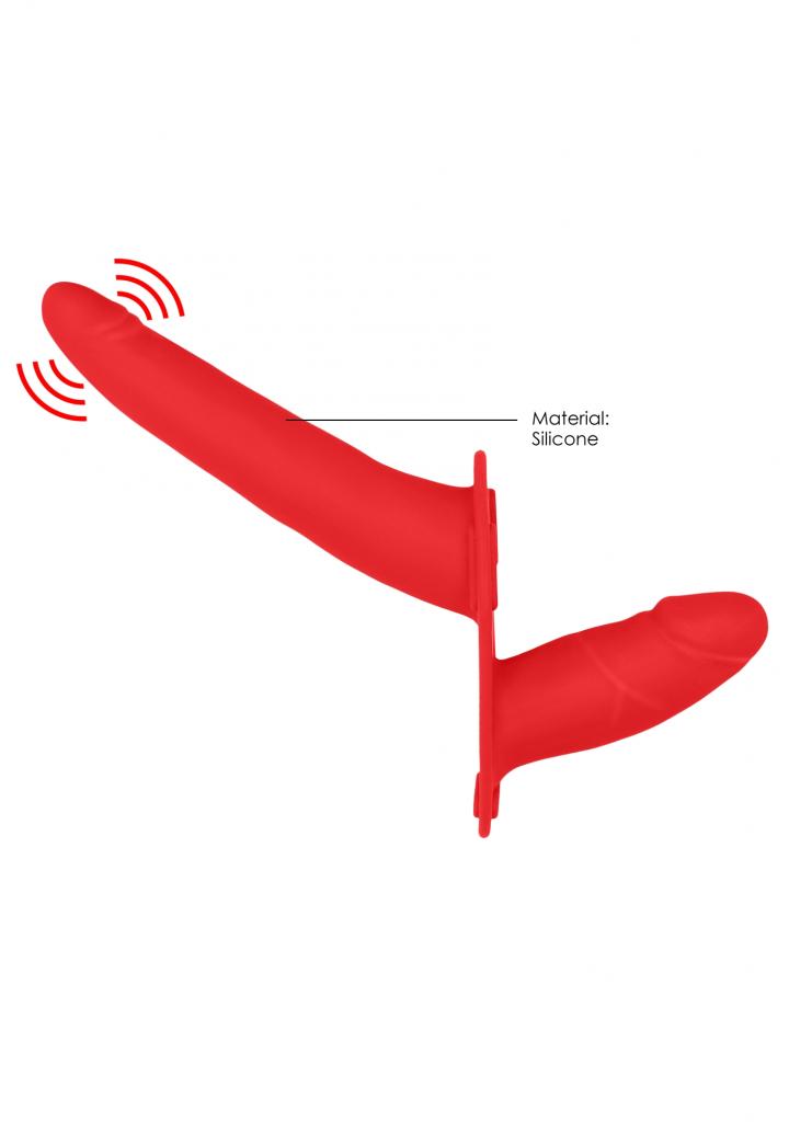 Shots Ouch Double Vibrating Silicone Strap-On Red Vibračný pripínací penis